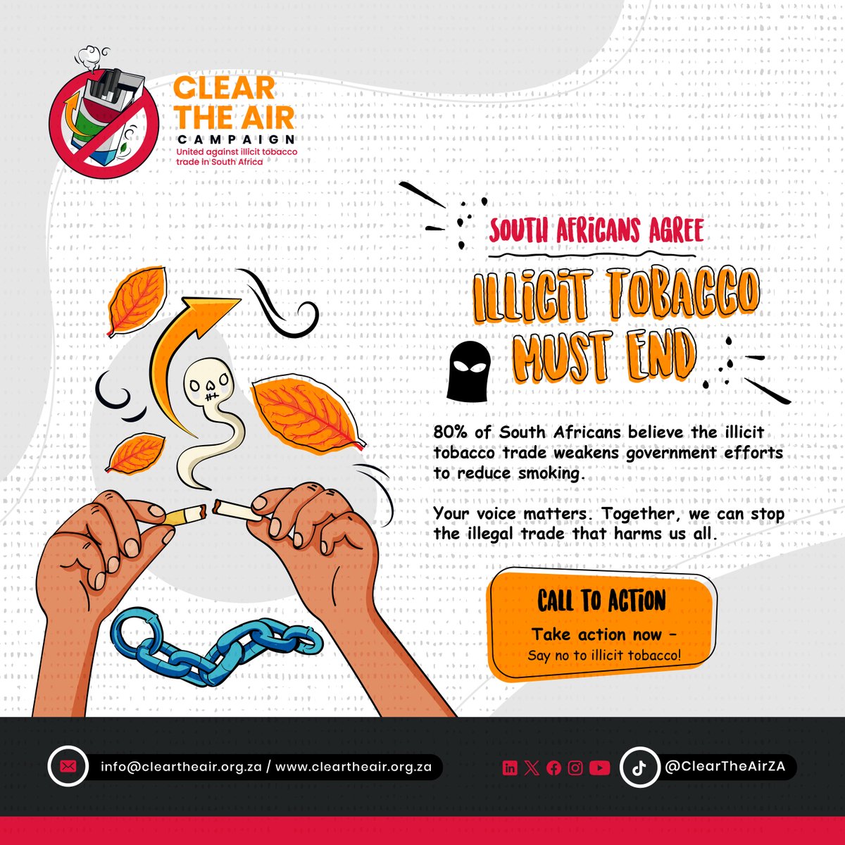 ✍️ Add your voice and call for stronger action: cleartheair.org.za/petition/end-i… 

Did you know?
Research shows that 80% of South Africans believe the illicit tobacco trade is weakening government efforts to protect public health, collect taxes, and fund essential services.

Criminal