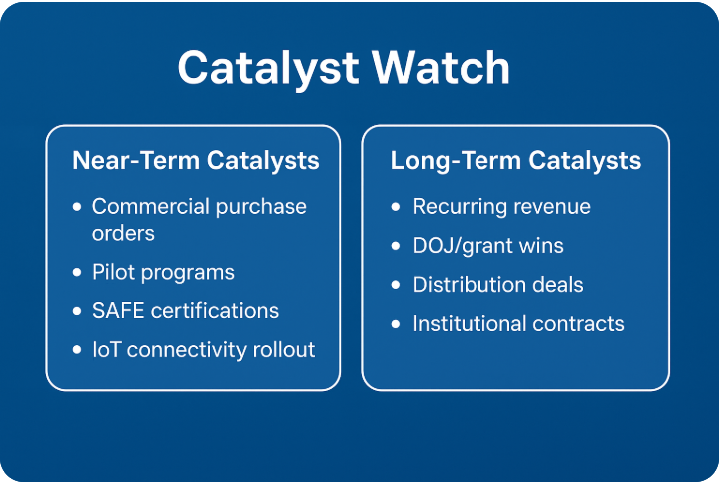 Gems__Finder's tweet image. 6⃣ — 👀 Investor Catalyst Watch

📌 Near-term: commercial POs, pilots, SAFE certifications, IoT rollout

📌 Long-term: recurring revenue, DOJ/grant wins, distribution deals, institutional contracts

Execution = Shareholder value 🚀

#CatalystWatch #MLRT #Investing