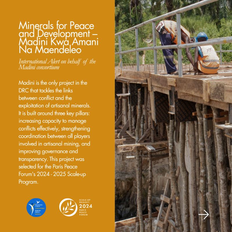 ParisPeaceForum's tweet photo. This #InternationalDayOfPeace, we spotlight the @Madini project in DRC, breaking the cycle between conflict and mineral exploitation through transparency and dialogue. 

Proud to support this project through our Scale Up program.
