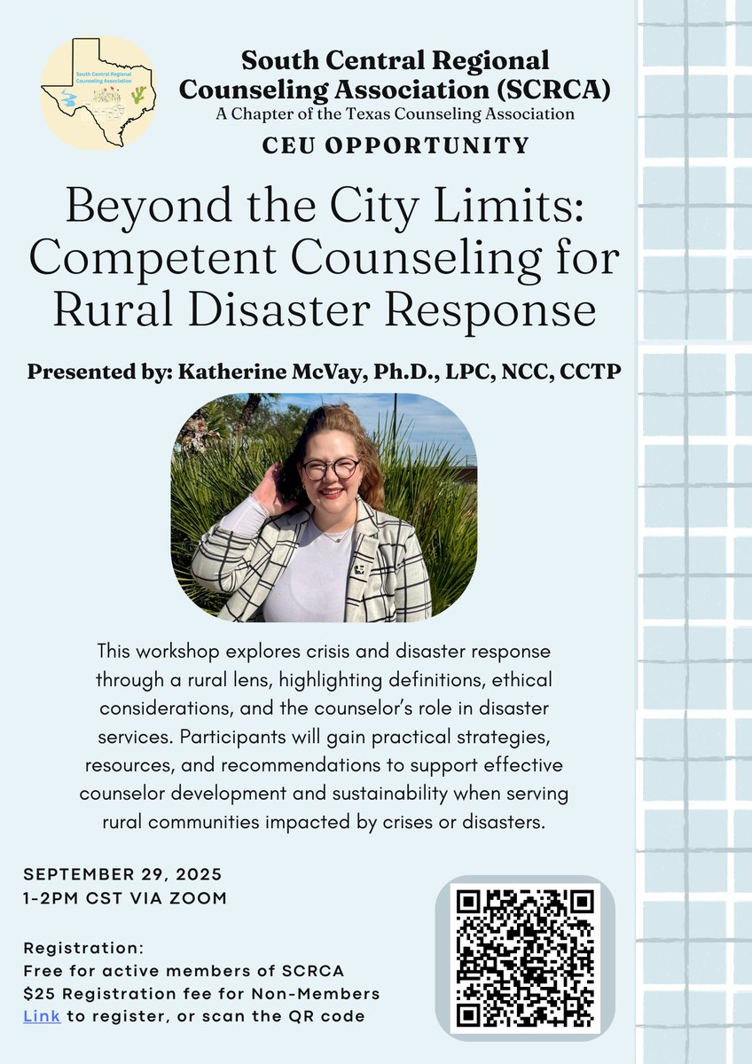 SCRCA_TCA's tweet image. FREE Virtual CEU Opportunity for #SCRCA Members! Join us for an engaging and informative virtual workshop that explores crisis and disaster response through a rural lens. Scan the QR code to register or click on the link in our bio.