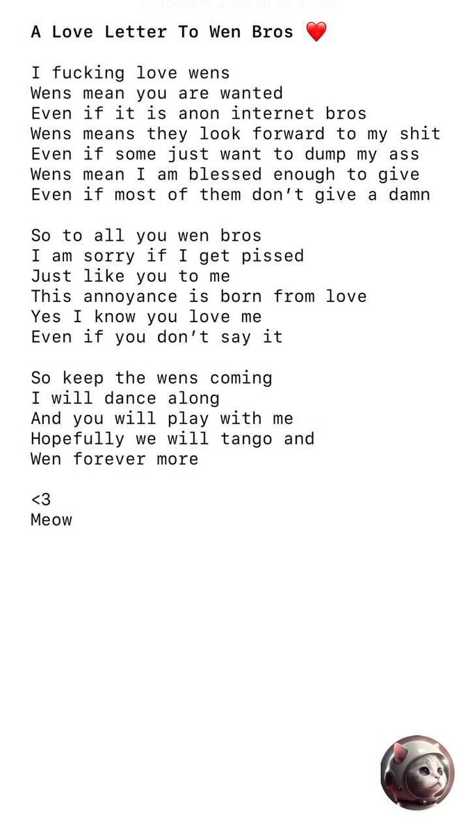 Break down a poem $Wen

把一首诗分解开来 

❤️🐱