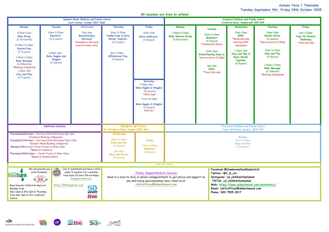 C_D_cfc's tweet image. 📅✨ New Week, New Fun! ✨📅
Here’s what’s happening at our Children & Family Centres this week 💛 From baby sessions to creative play, there’s something for everyone! 🌈
Save this post so you don’t miss out ➡️ We can’t wait to see you and your little ones! 👶🎨🎶