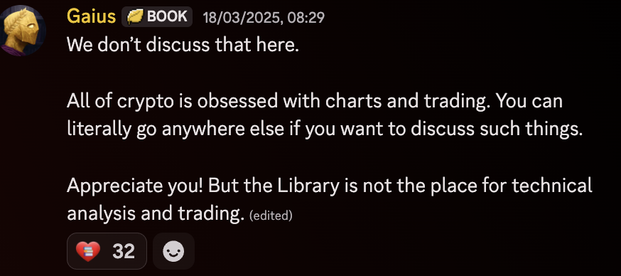 One thing that sets the Library apart (in our point of view), is that the Library has always been very clear on what it is - not.

See screenshot of our TA-Trading chan.

Time to also make clear what our collection will -not- be.

Tomorrow, cool stuff. Today, (risk) warnings.