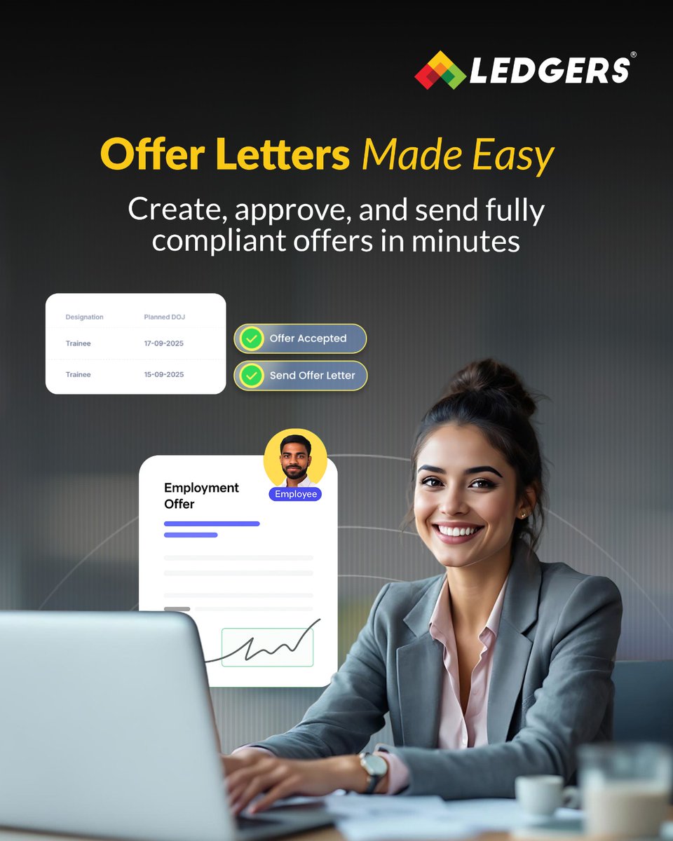 Hiring just got easier.✅
With LEDGERS.Cloud, you can create fully compliant offer letters📄, route them for approvals automatically, and collect secure e-signatures—all in minutes. No paperwork, no delays, just smooth onboarding from start to signature.