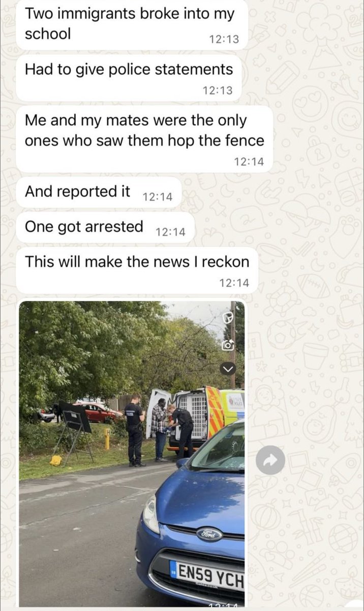 🚨BREAKING: Illegal immigrants have allegedly broke into a high school in Epping, Essex.

Leaked WhatsApp images reveal that the men were looking at the children before climbing the fence.

The media are burying this story, we all know why.