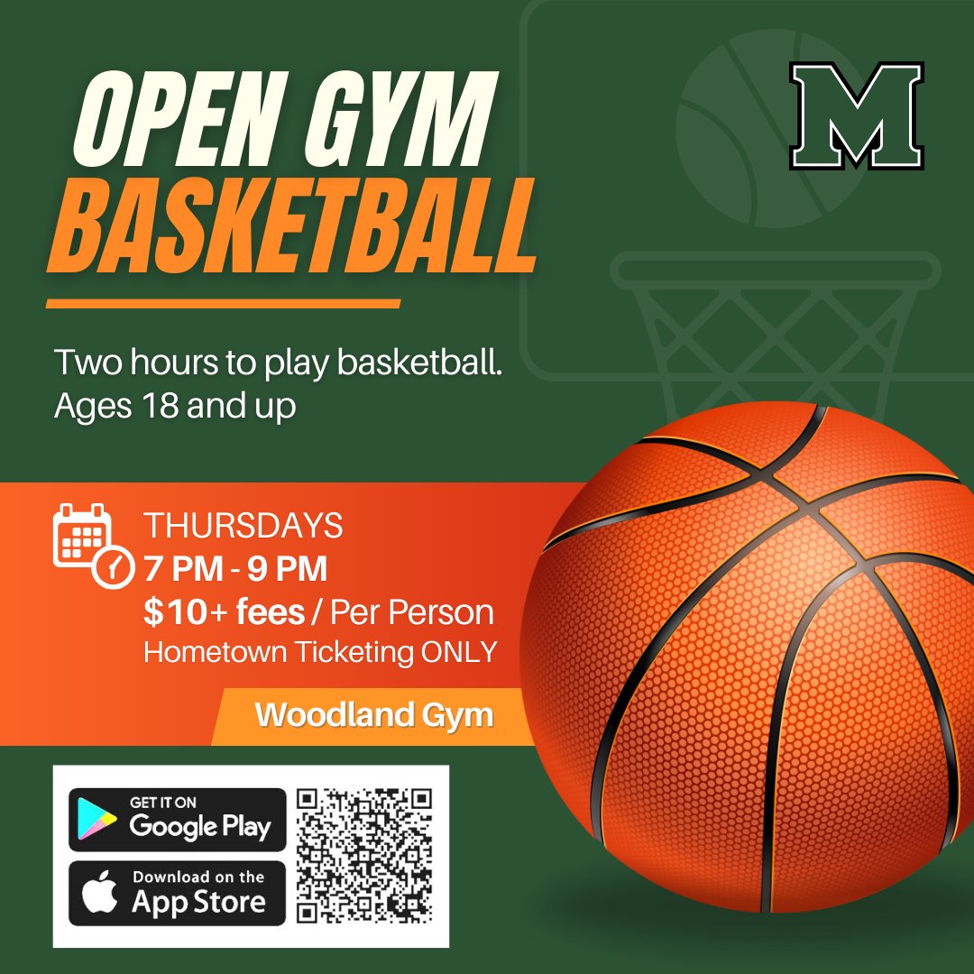 Tomorrow is the first day of Open Gym Basketball!
We will warm up, shoot for teams, and scrimmage for the remainder of the time.

Thursdays, 7-9PM in the Woodland Elementary School Gym
Ages 18 &amp; up | $10 per person+ applicable fees (Hometown Ticketing ONLY)
*Ticket sales open 24