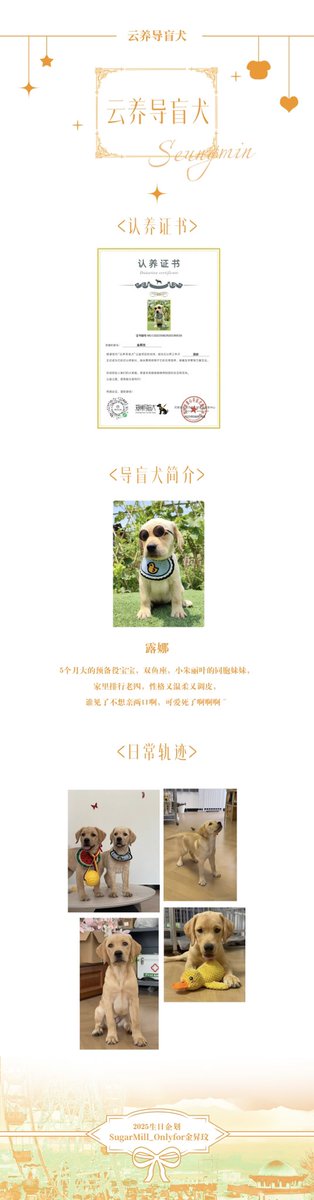 KIMSEUNGMIN_CN's tweet photo. 『𝙎𝙀𝙐𝙉𝙂𝙈𝙄𝙉 𝟮𝟱𝙩𝙝 𝘽𝙄𝙍𝙏𝙃𝘿𝘼𝙔』

Name: Adopt Guide Dogs Online

puppy name: luna &amp; Yun Xiaoqi

Project Introduction：
adopt the guide dogs from Guide Dog School in the name of seungmin and cover the meal expenses for one year.

🤍#승민 #Seungmin 
🤍#스트레이키즈 https://t.co/Ej6zxOLfwL