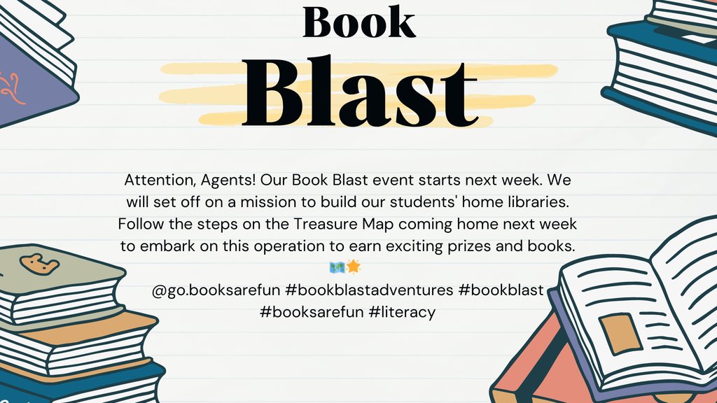 EsForest85285's tweet photo. Attention, Agents! Our Book Blast event starts next week. We will set off on a mission to build our students' home libraries. Follow the steps on the Treasure Map coming home next week to embark on this operation to earn exciting prizes and books. 🗺️🌟 https://t.co/ASgOYrLP7j