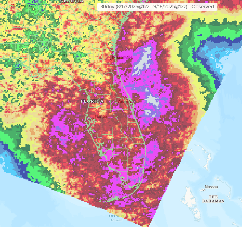 WeatherMatrix's tweet image. It's been a rainy week/month in parts of Florida. 

Miami had 12.51" (over Sept. TOTAL avg) in 7 days. 

Counting T's, Melbourne has had 14/16 rainy days this month. 

Not counting T's, they are ranked #1 for 24/30 rainy days through yesterday. (data via @SERCC )