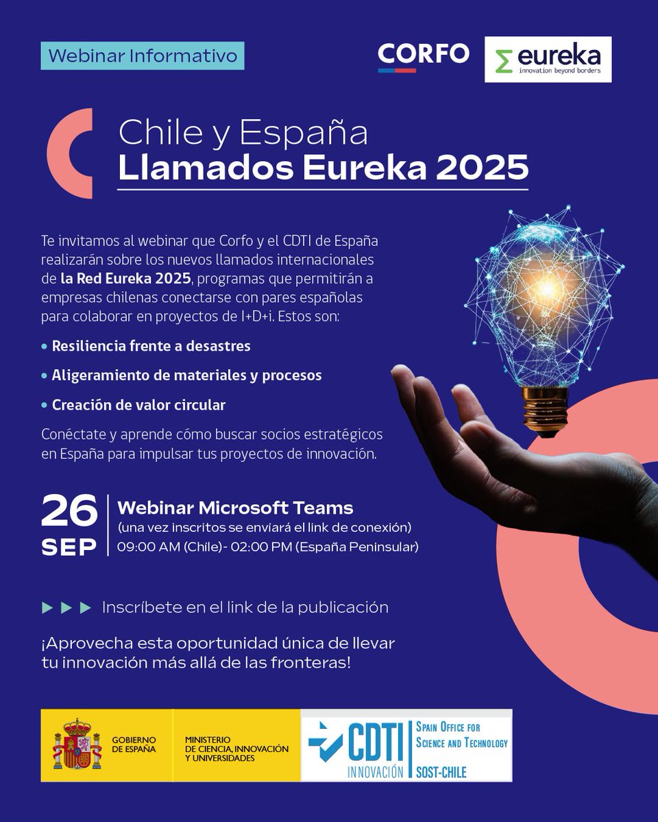 Corfo's tweet photo. Si quieres conocer más sobre los llamados internacionales de la Red Eureka 2025 de 🇨🇱 y 🇪🇸 no lo pienses más y participa del webinar. ¡Inscríbete en el siguiente link! 👉https://t.co/EOmiPTLvGt https://t.co/jFEIKTBPkA