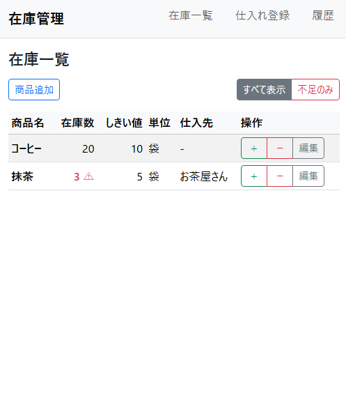 kashin87's tweet photo. 在庫管理アプリ何とか完成。
とりあえずPC上では動きました。

#SUNABACO #すなばこ2025秋 https://t.co/2caIKPkdA6