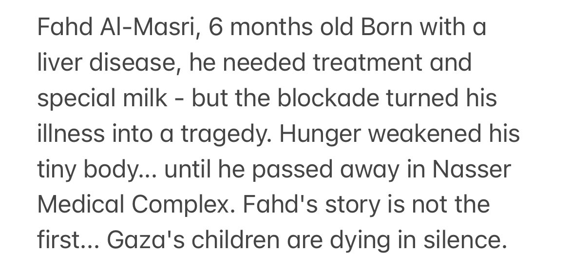 doaa__mohammad's tweet image. Fahd Al-Masri, 6 months old Born with a liver disease, he needed treatment and special milk - but the blockade turned his illness into a tragedy. Hunger weakened his tiny body... until he passed away in Nasser Medical Complex.