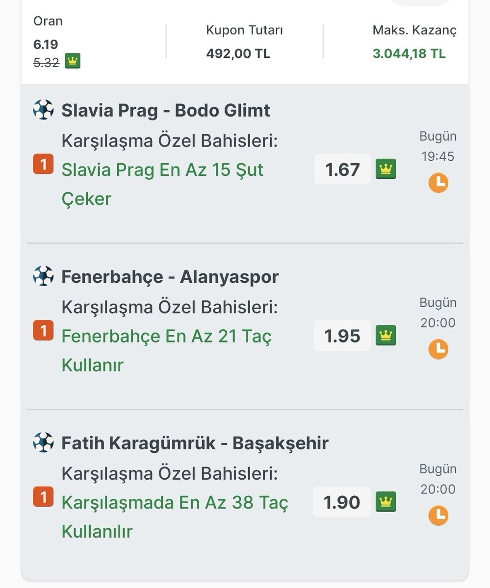 Son zamanlarda şut ve taç bahsi çalışıyorum büyük oranda,günlük olarak 6 7 oran civarı kuponlar atıcam sayfama,bugunku kuponumuz budur 
Oran :6.19 🔥

Herkesten güzel bir beğeni alalım ve ana kuponumuzu da paylaşalım 💜