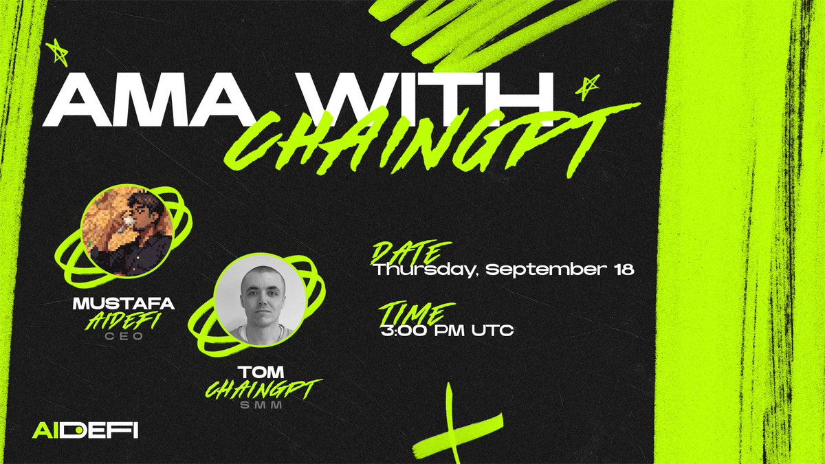 aidef_io's tweet photo. Don’t forget 3:00pm UTC this Thursday!
Our AMA with @ChainGPT_Pad is right around the corner
Got questions about $AIDEFI, our AI Agents or the roadmap ahead?
Our CEO @kuraiiknight is ready to dive in. Don’t miss it! https://t.co/SCINKJcT4l