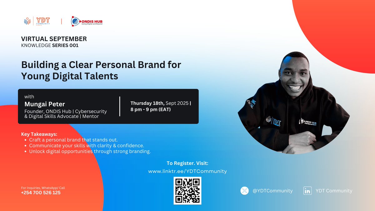 YDTCommunity's tweet photo. YDT Community Knowledge Series 001 is here!

Topic: Building a Clear Personal Brand for Young Digital Talents
📅 18th Sept 2025 | 🕙 8 PM - 9:30 PM EAT

👤 Speaker: @beingpillar  – Founder, @TeamONDISHub 

Register 👉 https://t.co/9DOFb0LSeV https://t.co/3ZeV6rK81K