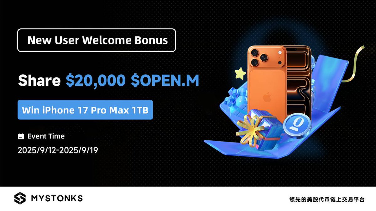 Newcomer Event is Live
Event Period: September 12, 2025 – September 19, 2025

Prize Pool: $2000 worth of $OPEN.M stock tokens + 1 iPhone 17 Pro Max

Registration link 🖇️: mystonks.org/?code=OVN773
Registration Form:
forms.gle/8KTDpnWfRzZ5ff…

Registration Deadline: September 20,