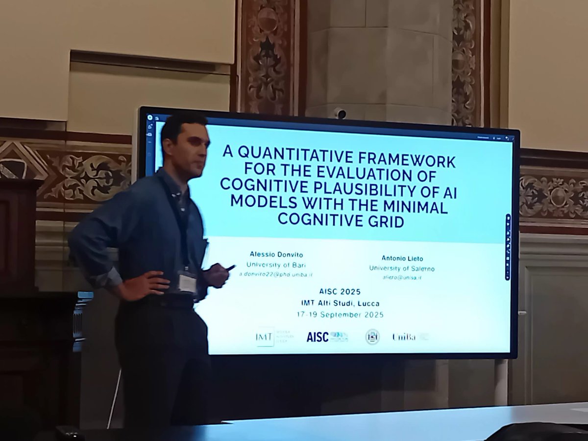 ciitlab_unisa's tweet image. At AISC 2025, in Lucca, Alessio Donvito presented a joint work with @antoniolieto  on the extension of the #MinimalCognitiveGrid (introduced in the book Cognitive Design for Artificial Minds ) to assess the level of cognitive plausibility of different computational models
#cogsci