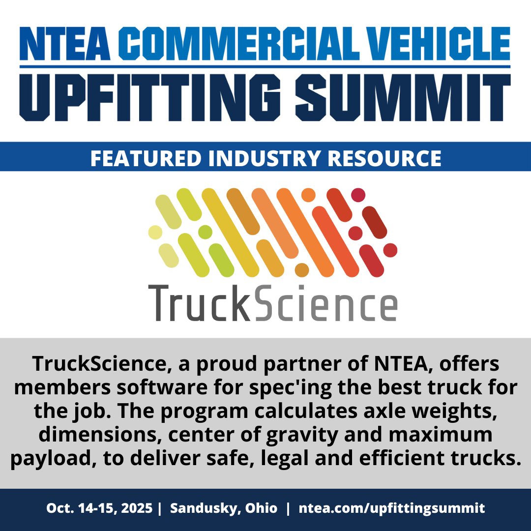 nteanews's tweet image. Explore tools &amp;amp; insights at #NTEACVUS! Featured  resource: @TruckScience software helps members spec the best truck for the job by calculating axle weights, dimensions, center of gravity and maximum payload. Stop by and learn more! #upfittingsummit ntea.com/events/commerc…