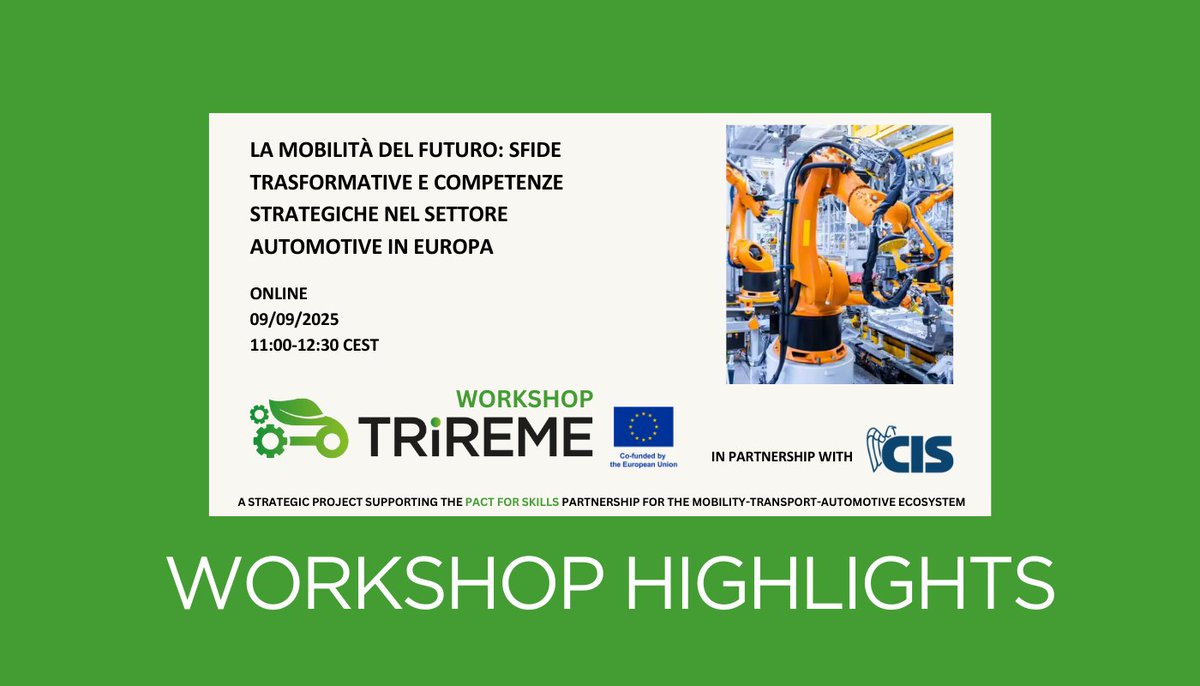On 9 Sept, TRIREME held a workshop in a collaboration with CIS – Unindustria Reggio Emilia exploring the skills and innovation driving the mobility ecosystem of tomorrow.🚗🌍

🔗 Full story👉 project-trireme.eu/en/viewnews/25…

#AutomotiveMobility #Skills #FutureOfWork #ErasmusPlus