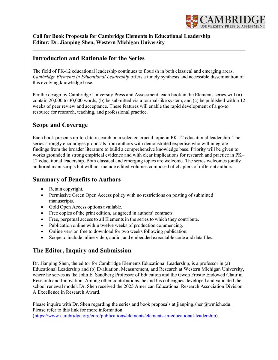 📣 📣 Call for Book Proposals for Cambridge Elements in Educational Leadership
Editor: Dr. Jianping Shen, Western Michigan University (jianping.shen@wmich.edu). Please refer to this link for more information (cambridge.org/core/publicati…).