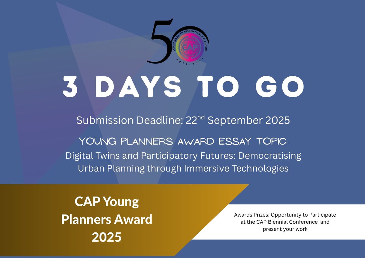 The countdown has begun for the CAP Young Planners Award 2025! YOUNG PLANNERS AWARD ESSAY   TOPIC: Digital Twins and Participatory Futures: Democratising Urban Planning through Immersive Technologies.  #CAPYPN2025 #CAP #YoungPlanners #EssayCompetition #DigitalTwins #UrbanPlanning