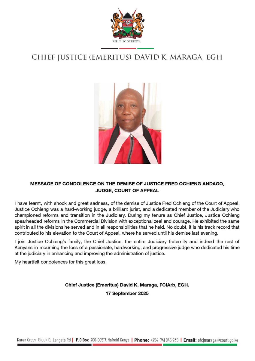 Message of condolence on the Demise of Justice Fred Ochieng’ Andago