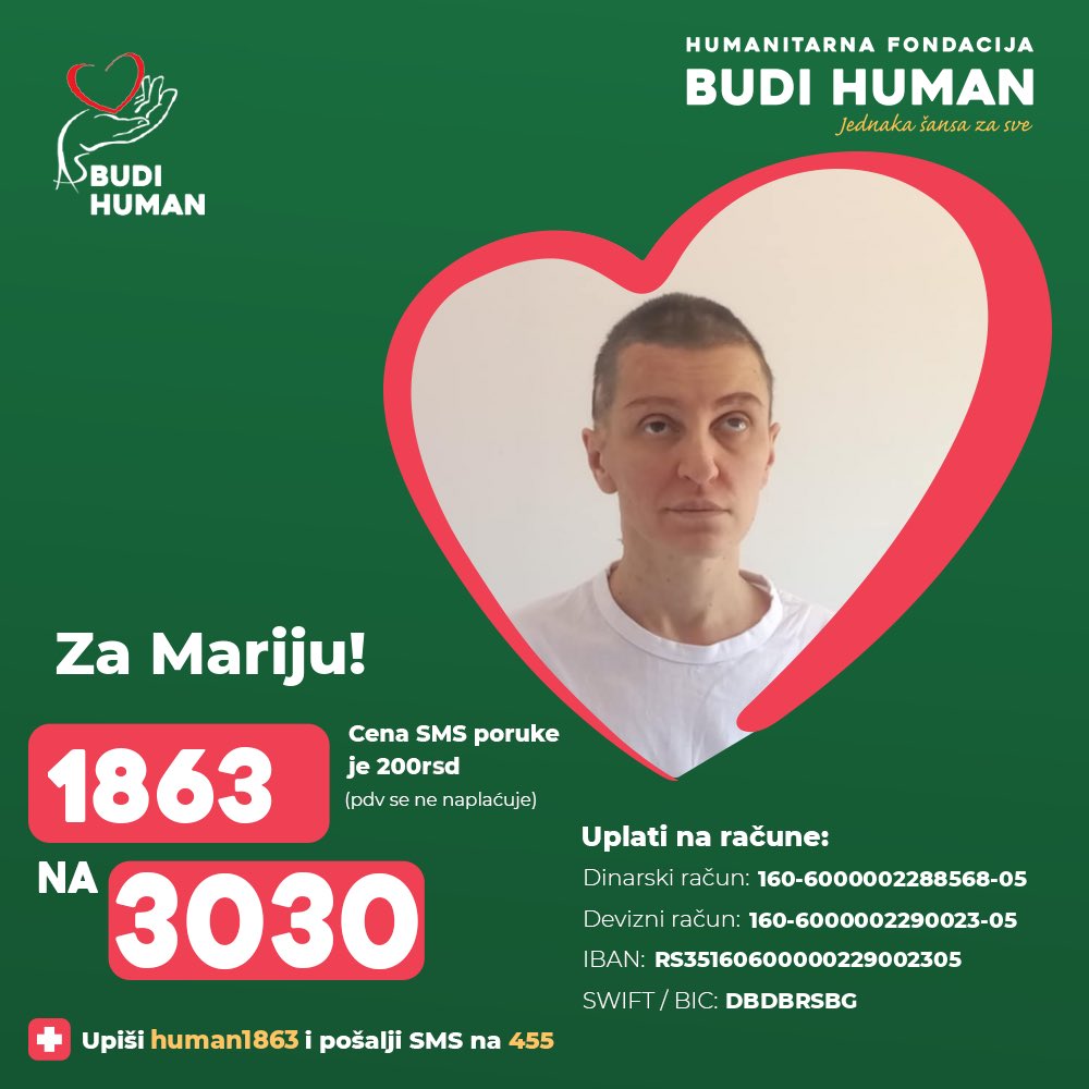 Pomozimo Mariji!

Upišimo 1863 i pošaljimo SMS na 3030

budihuman.rs/korisnik/1863/…

#budihuman #jednakašansazasve #podeli #marijagilezan