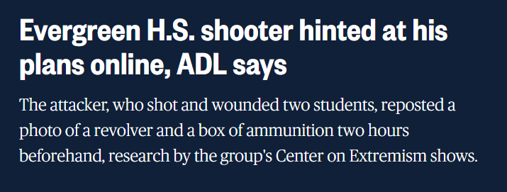 JGreenblattADL's tweet image. .@ADL alerted law enforcement in July about an unidentified user in Colorado who had posted content that emulated mass shooters, celebrated graphic violence and promoted white supremacy.

Tragically, that user went on to carry out the recent shooting at Evergreen High School.…