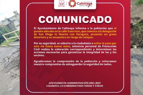 🚨Peligro Ayuntamiento de #Calimaya alerta a la ciudadanía que el puente ubicado en la calle Vicente Guerrero que conecta a las comunidades de Zaragoza y San Diego presenta riesgo de derrumbe, por lo que pide no usarlo en lo que es revisado por Protección Civil