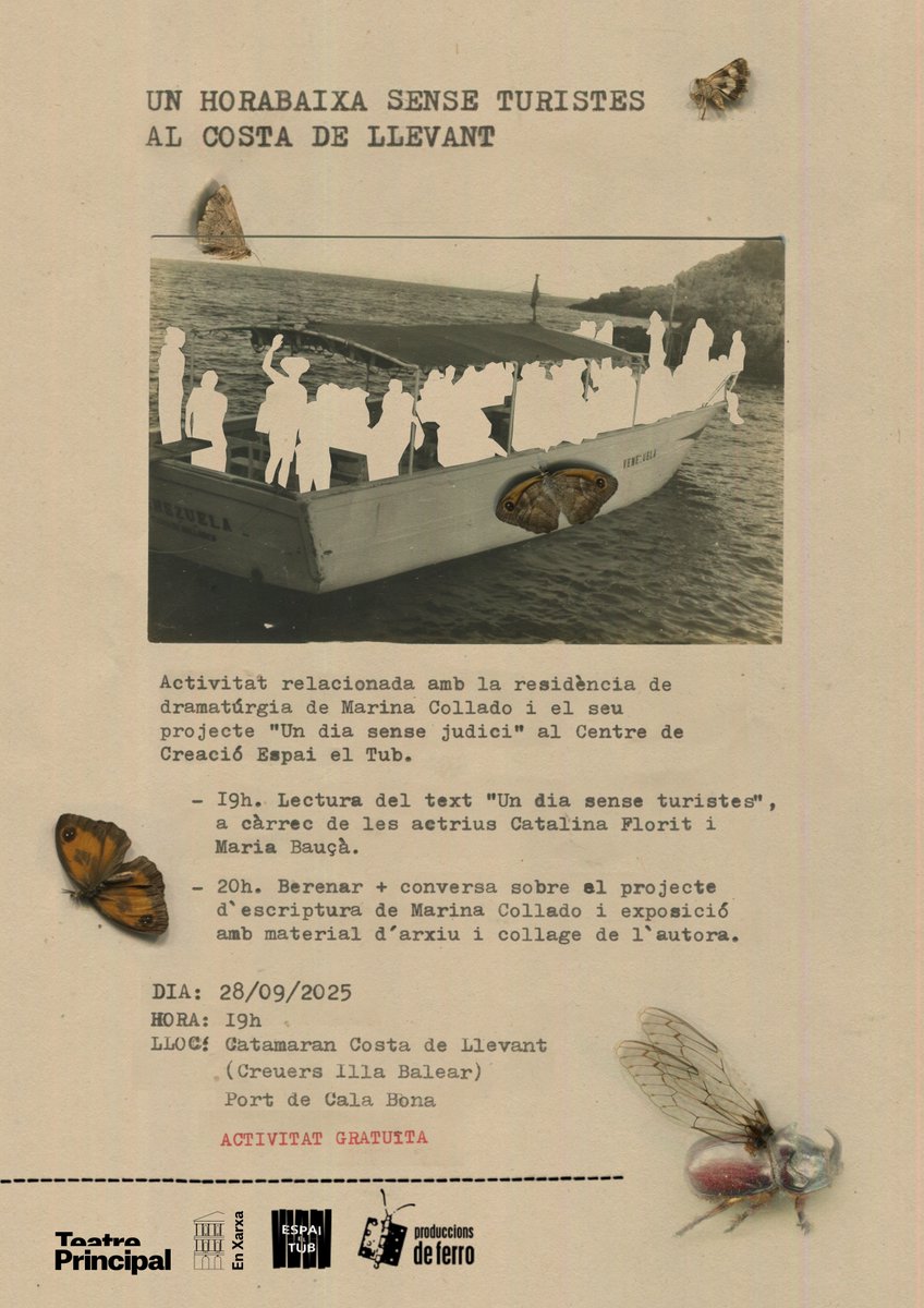 ⛵️Un horabaixa sense turistes al Costa de Llevant! Us convidam a una bereneta a bord d'un catamarà per conèixer el projecte de dramatúrgia de <a href="/marinacollado__/">Marina Collado-Bennasar</a> a l'<a href="/EspaiElTub/">Espai El Tub</a> dins les residències del <a href="/teatreprincipal/">Teatre Principal de Palma</a> 
📅28 setembre ⏰19h ⛵️Cala Bona
+info➡️shorturl.at/acSab