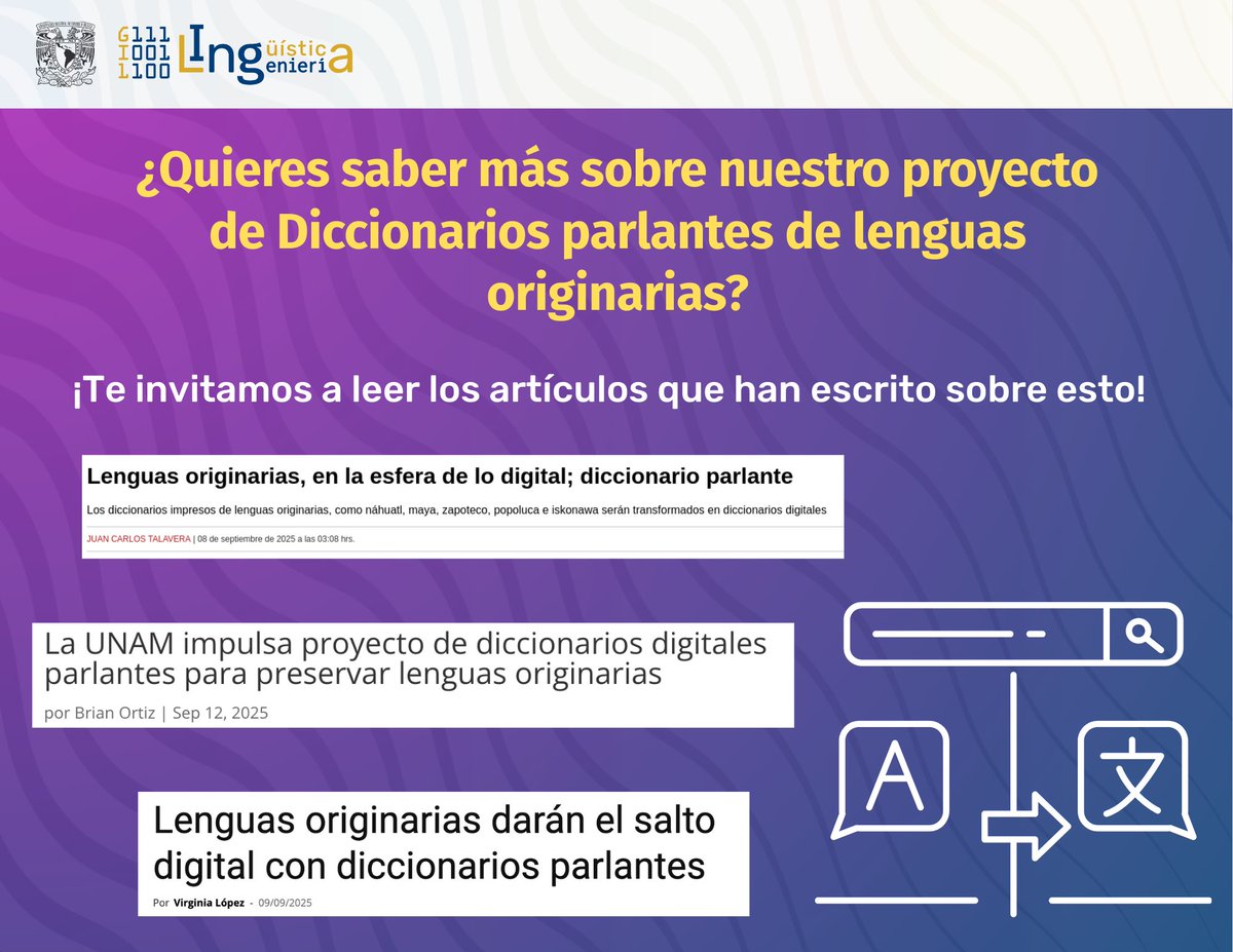 Te invitamos a leer estos artículos sobre nuestro proyecto de Diccionarios Parlantes de Lenguas Originarias
📷
📷elcapitalino.mx/.../la-unam-im…
📷excelsior.com.mx/.../lenguas...…
📷noticiasenfasis.com.mx/lenguas-origin…
#gil #diccionarios #diccionariosparlantes #unam #língüísticacomputacional #lingüística