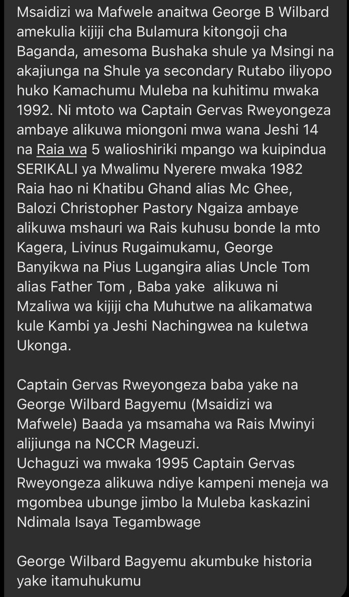 MariaSTsehai's tweet photo. Mwiteni George Bagyemu!
Kumbe familia yake ina historia ngumu?!

Baba yake alikuwa Captain Gervas Rweyongeza ambaye alikuwa miongoni mwa wanajeshi 14 na raia 5 walioshtakiwa na kuhukumiwa katika njama ya kuipindua serikali ya Mwalimu Nyerere mwaka 1982?! 
Haya mdau ameshusha data hapa hadi kijiji chao na anamkumbusha George kuwa historia itamhukumu aishi vizuri na watu!
Mi nimetimiza wajibu 🙌🏽
#TutaelewanaTu