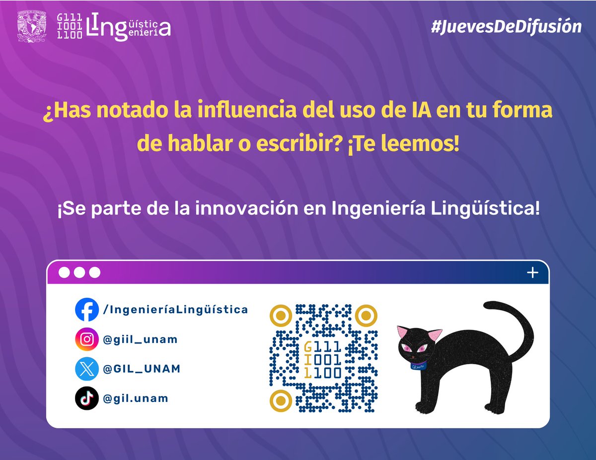En este #JuevesDeDifusión te compartimos
un poco sobre la influencia de la IA en nuestro hablar
cotidiano ¿lo has notado en ti o personas a tu
alrededor? 🤖🤓👀

#GIl #unam #lingüísticacomputacional