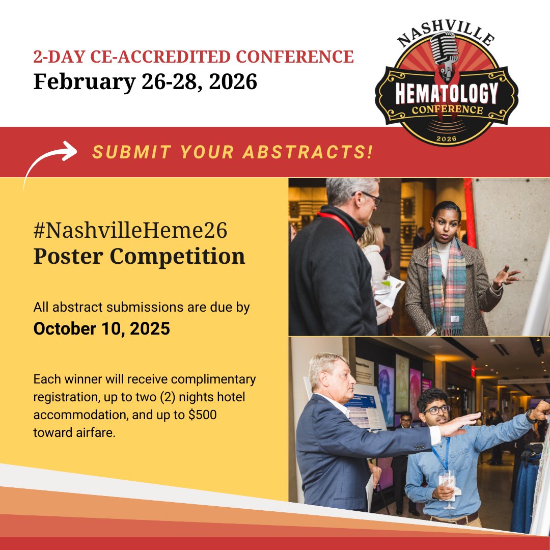 The deadline for the #NashvilleHeme26 poster competition is just a few weeks away! 👩‍💼 Medical residents, hematology or oncology fellows, and junior faculty within 2 years of initial appointment, submit your abstract relevant to hematologic malignancies for the chance to be
