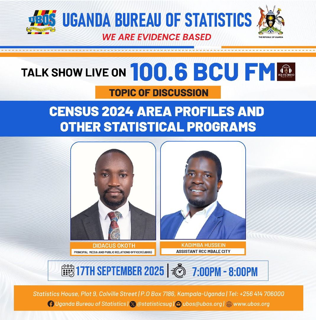 katwiireMolly's tweet image. Join @Didacus1Okoth and Assistant his RCC Mbale City this evening on 100.6 BCU FM as UBOS Principal PRO Didacus Okoth and Mbale City Assistant RCC Kadimba Hussein unpack the Census 2024 Area Profiles and other key statistical programs.
⏰ 7:00–8:00 PM
#UBOS #DataForDevelopment