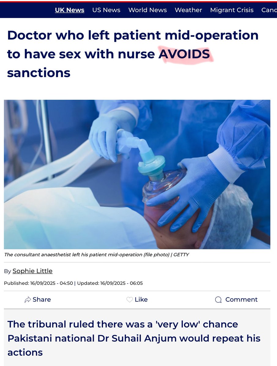 Pakistani consultant anesthetist, married father of 3 left a patient during an operation to have sex with a nurse at Tameside Hospital! 🤬 His reason was he found it stressful that his wife had a traumatic premature delivery! 🤬 He wishes to return to the UK and to our NHS! 🤬
