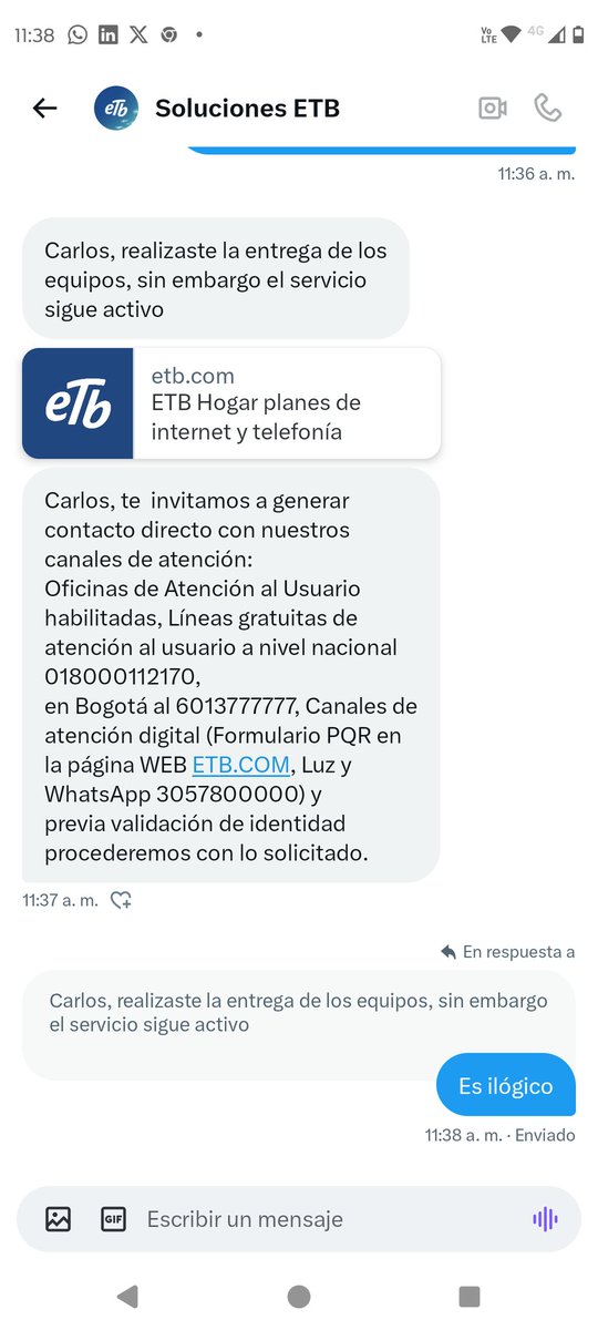 El nivel de descargo de <a href="/ETBsoluciones/">Soluciones ETB</a>  cancele el servicio y sigue activo, entregué los módem y debo seguír pagando <a href="/sicsuper/">Superintendencia de Industria y Comercio 🇨🇴</a>  esto es un robo literal.
