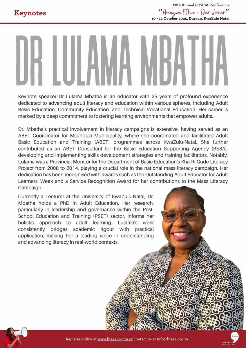 Exciting Announcement! 
We are thrilled to reveal Keynote #1 for the 20th Annual LITASA Conference 2025! This is just the beginning—keep your eyes and ears open as we announce more inspiring keynotes in the coming weeks. A few seats are left litasa.org.za/conference2025
