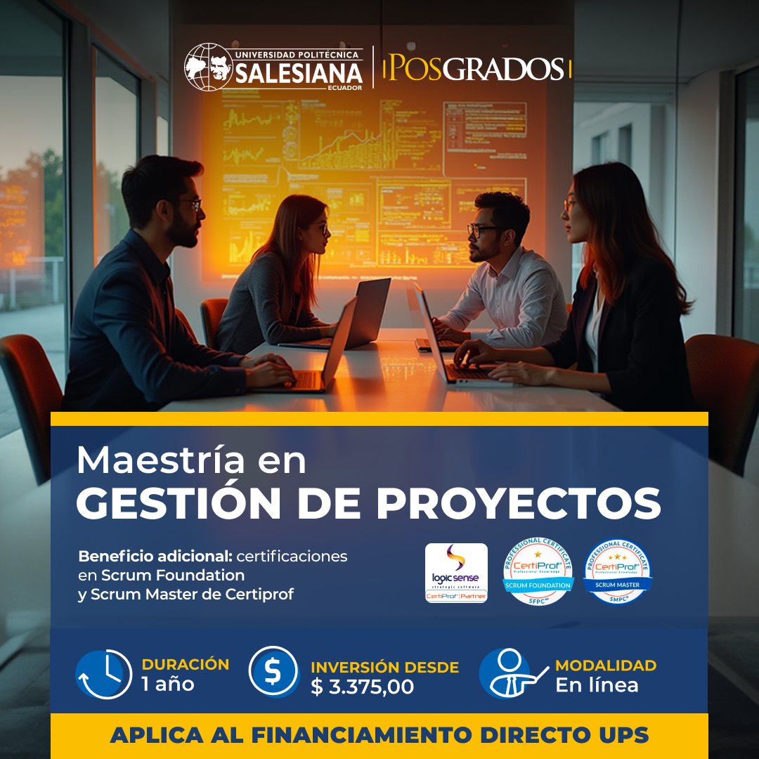 🚀Cada obra, innovación o mejora en tu empresa comienza con un proyecto bien gestionado. Desarrolla competencias estratégicas para gestionar equipos, recursos y riesgos.
¿Estás listo para dirigir proyectos que marquen la diferencia?
📩 ofertaposgrados.ups.edu.ec