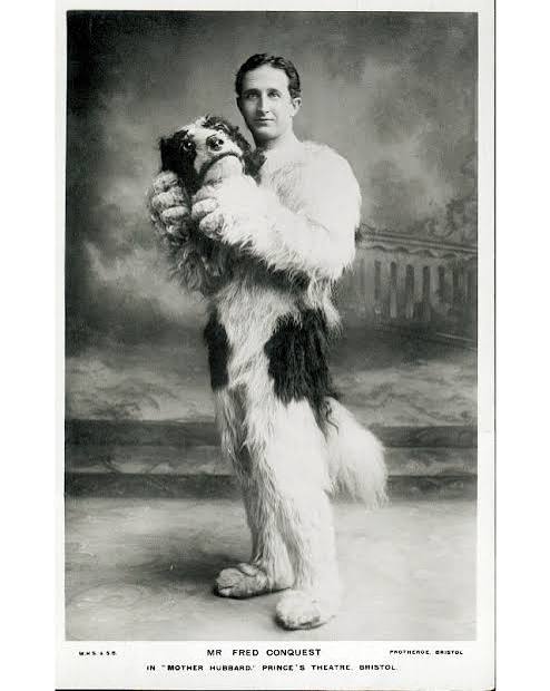 Since people are posting the "true origins of the furry fandom" may I present one of the oldest pics of a fursuit but of course it was theater guy.

Fred Conquest circa 1909/1910
Seen in the dog costume for a play

#Furry #Origin #Fursuit #Theater #Vintage