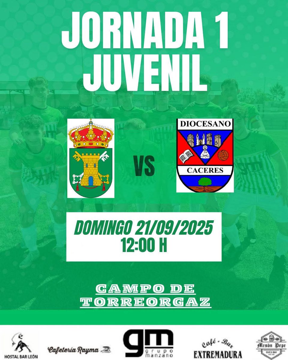 ⚽️⚠️ LIGA JUVENIL⚠️⚽️

🏆 2ª DIVISIÓN EXTREMEÑA
➡️ 1ª JORNADA DE LIGA
🆚 CD. DIOCESANO 
📅 DOMINGO 21/09/2025
⏰ 12:00 H
🏟 CAMPO MUNICIPAL DE TORREORGAZ 

#123Torreorgaz
💚🤍💚🤍💚
