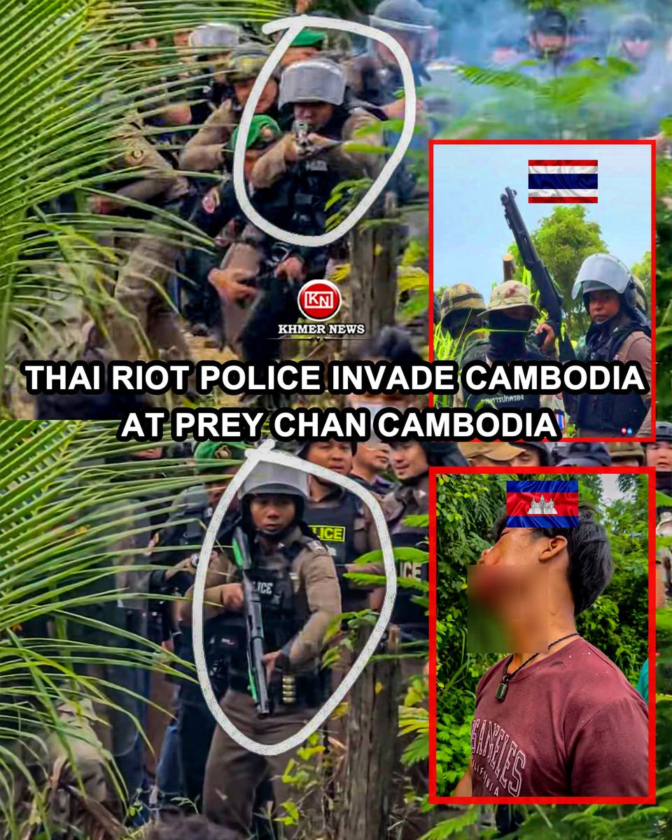 mrr29_kh's tweet photo. Urgent news : Thai riot police invade Cambodia at Prey chan Cambodia land and fire tear gas and rubber bullets to Cambodians villagers who try to stop them from invade and use barbed wire to seize Cambodian people's land along the border of Banteay Meanchey Province Cambodia . https://t.co/eUp6Z7e4xe