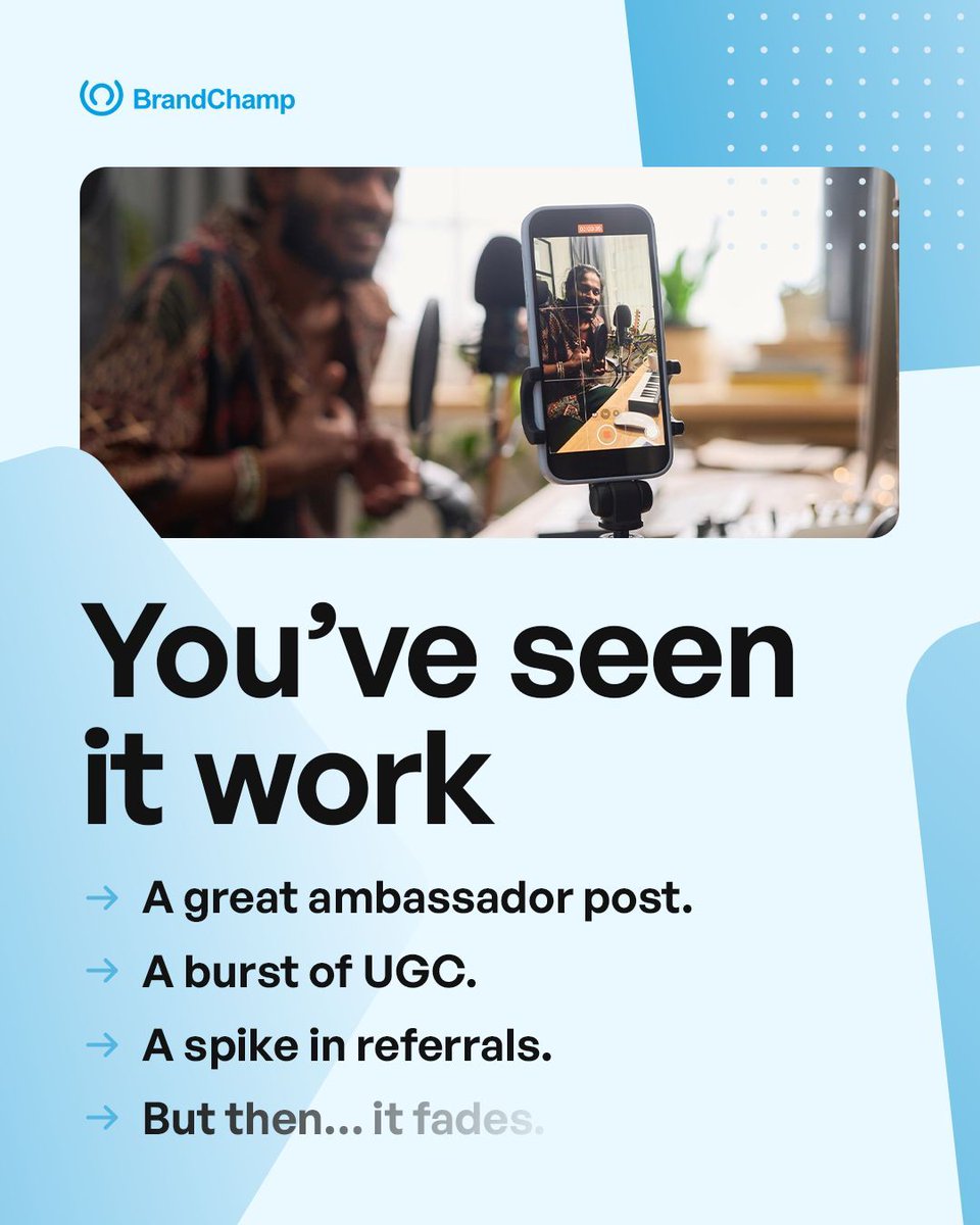 brandchamphq's tweet photo. If you’ve seen moments of success with ambassadors or creators, that’s your signal.

But most programs stall when results depend on lucky breaks.

BrandChamp helps you go from *spikes to systems*.

💬 DM us if your growth needs structure. https://t.co/FFY1yGXYBd