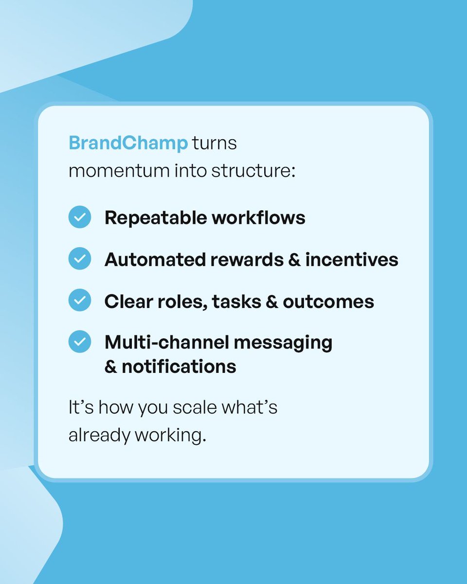 brandchamphq's tweet photo. If you’ve seen moments of success with ambassadors or creators, that’s your signal.

But most programs stall when results depend on lucky breaks.

BrandChamp helps you go from *spikes to systems*.

💬 DM us if your growth needs structure. https://t.co/FFY1yGXYBd