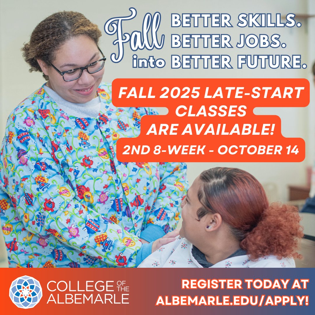 Missed the first day of classes for Fall 2025? NO WORRIES!
🐬🧡
More late-start classes are available on the following date:
𝟮𝗻𝗱 𝟴-𝘄𝗲𝗲𝗸 - 𝗢𝗰𝘁𝗼𝗯𝗲𝗿 𝟭𝟰
🍂💙
Register today to #TransformYourTomorrow! ➡️ albemarle.edu/apply