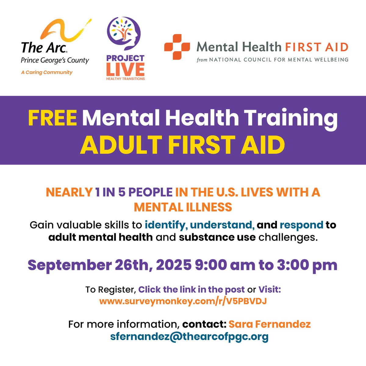 September is Suicide Prevention Awareness Month.

Learn how to spot the signs, start the conversation, and connect people to help.

Register here:  bit.ly/4nsu8SU