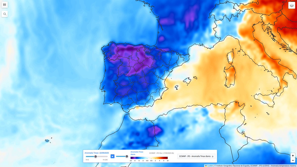 De anomalías positivas de hasta 10 ºC a 15 ºC a negativas de hasta -10 ºC a -15 ºC.

Así será el cambio de mañana jueves al lunes.
Burgos, por ejemplo, pasará de una máxima prevista de 33 ºC mañana a 16 ºC el lunes.

Un descenso de -17 ºC, gran parte del mismo el domingo.