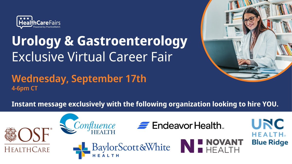 PracticeMatch's tweet photo. 🩺 Today’s the day! The Urology &amp; Gastroenterology Virtual Career Fair is LIVE Sept 17, 4–6 PM CT. Connect with top healthcare systems hiring nationwide. 

Register now: https://t.co/DHTi9zJ9Ya

#PracticeMatch #VirtualCareerFair #PhysicianCareers #Urology #Gastroenterology https://t.co/soaJyL0oZc