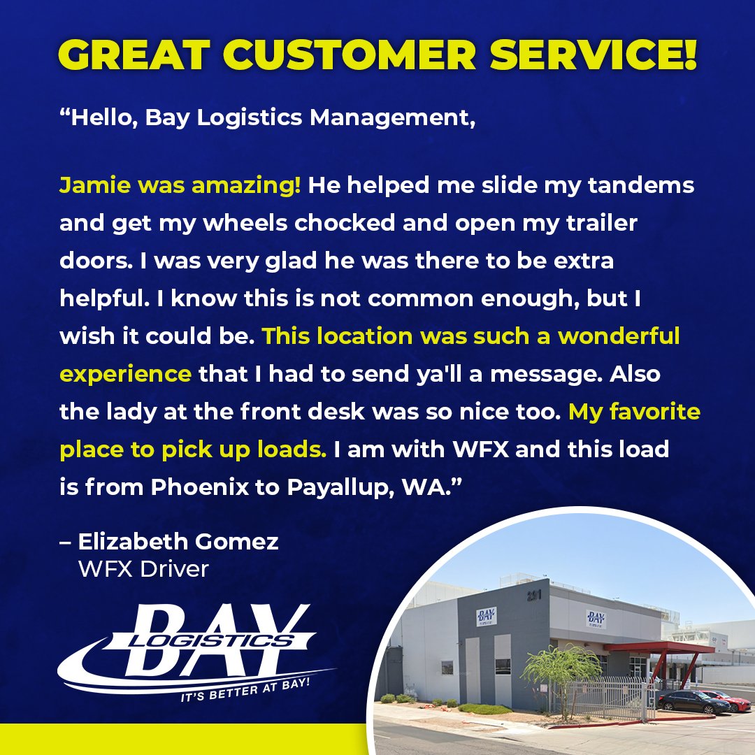 Bay Logistics supervisor Jamie Ovist, along with a friendly front desk staff member, exceeded expectations in delivering exceptional customer service. These individuals truly embodied the core values of Bay Logistics, and we are truly grateful for their dedication!