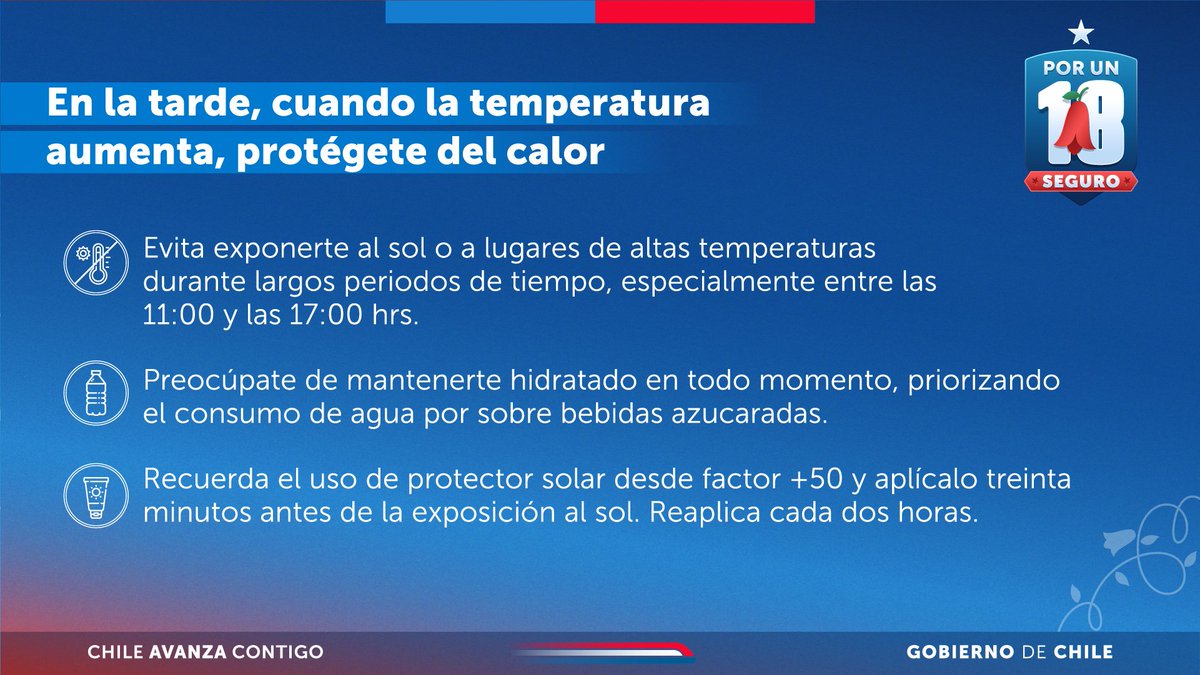 Hospital Clínico San Borja Arriarán (@hcsba) on Twitter photo En estas #FiestasPatrias, cuida tu salud frente a los cambios de temperatura ☀️⛅☁️. 
- Abrígate bien en las mañanas y noches más frías.
- Mantente hidratado y prefiere agua.
- Evita cambios bruscos de temperatura.
- Usa bloqueador solar factor +50 y reaplica cada dos horas. En estas #FiestasPatrias, cuida tu salud frente a los cambios de temperatura ☀️⛅☁️. 
- Abrígate bien en las mañanas y noches más frías.
- Mantente hidratado y prefiere agua.
- Evita cambios bruscos de temperatura.
- Usa bloqueador solar factor +50 y reaplica cada dos horas.